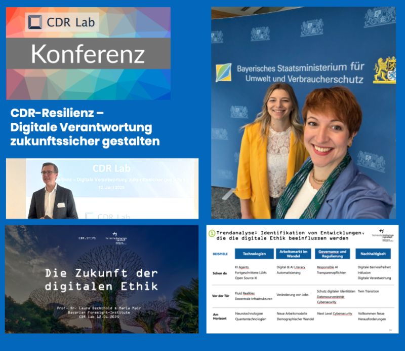 Auf dem Bild sind 5 kleinere Bilder zu sehen. Oben links: Titelbild der Konferenz, mehrfarbiger Hintergrund und das CDR Lab Logo, Mitte links: Bartosz Przybylek (großer blonder Mann) bei seiner Eröffnung, unten links: Titelfolie von Beitrag des Foresight Instituts mit dem Titel "Die Zukunft der digitalen Ethik" oben rechts: Selfie von Maria Mair (Frau mit blonden Haaren, gelber Blazer) und Laura Bechthold (Frau, rötlich kurze Haare, blauer Blazer) unten links: Powerpoint Folie zu unserer Trendanalyse, aufgelistete Trends